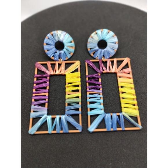 Multicolor Geometric Earrings - Rectangle - Circle - Ribbon Wrapped - Fun Studs - Picture 2 of 4
